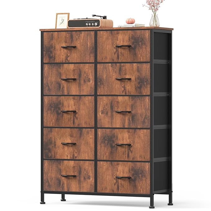 Dresser for Bedroom with 10 Drawers, Anti-Tip Tall Fabric Chests Storage Organizer Tower Furniture with Wooden Top Metal Frame for Clothes, Closet, Living Room, Hallway, Entryway