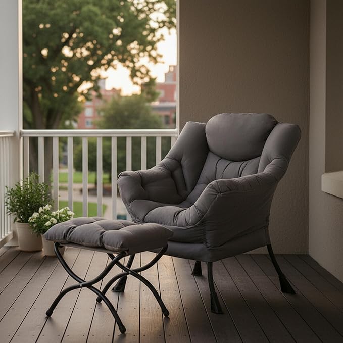 Tiita Lazy Chair with Ottoman, Gray Modern Large Accent Chair, Comfy Leisure Sofa Armchair with Ottoman, Reading Chair with Footrest for Bedroom, Living Room, Dorm Rooms, Garden Dark Grey