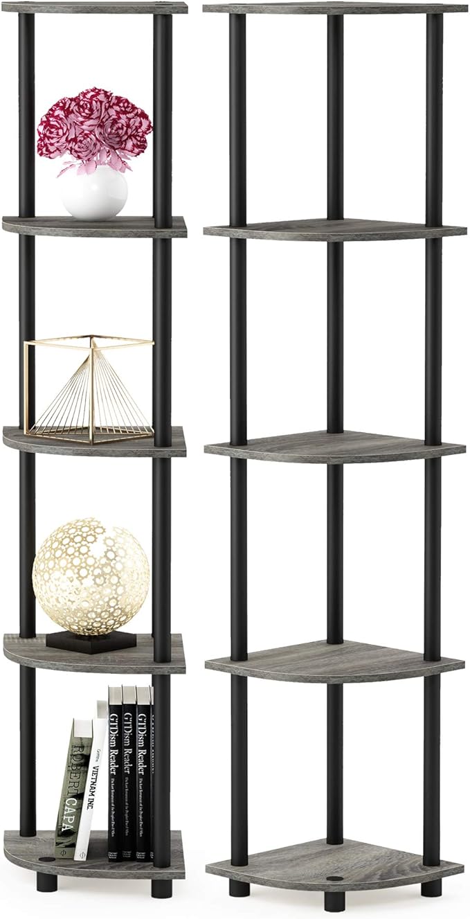 Furinno TURN-N-TUBE Corner Shelf Set of 2, 5-Tier Corner Bookshelf, Open Storage Shelves, for Organization and Storage, Living Room, Home Office, Garage, French Oak