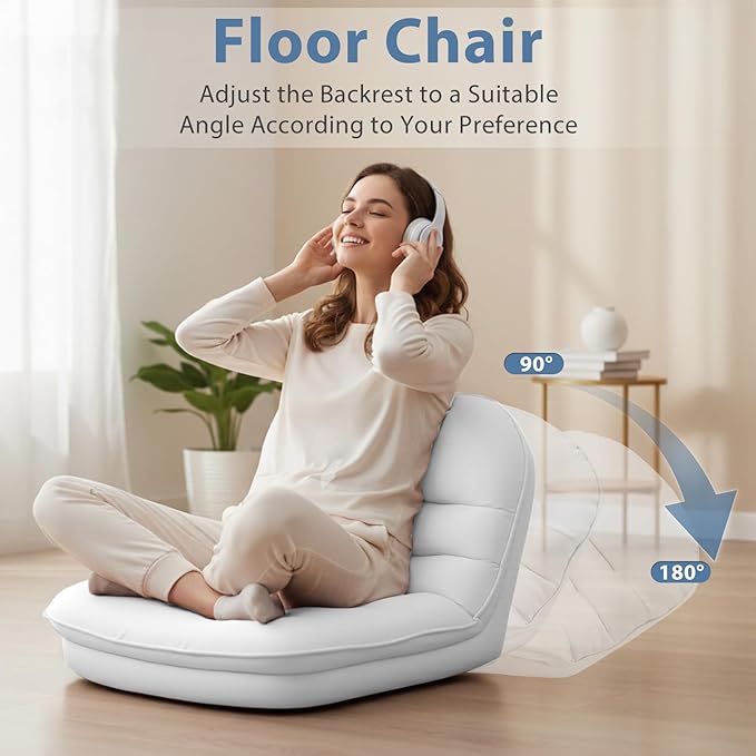 DUMOS Comfy Saucer Chair,PU Leather Foldable Chairs for Bedroom, Dorm & Gaming, Fashion Floor Chair with Back Support for Small Spaces, New White