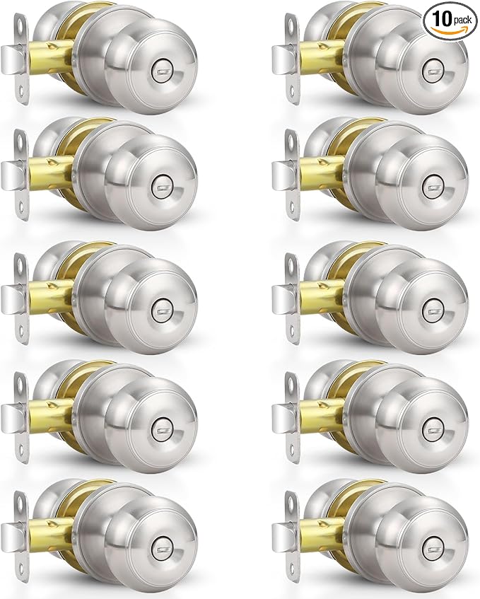 Estmoon 10 Pack Home Improvement Bed/Bath Room Door Knobs, Brushed Nickel Privacy Door Handle with Lock Silver Knobs with Lock for Bathroom Bedroom, Interior Doors Locksets