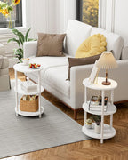 Small Round Side Table - 3-Tier Oval Accent Table for Small Spaces, Rustic Wood and Metal Couch End Table, Nightstand for Bedroom or End Table Living Room, Set of 2, Marble White