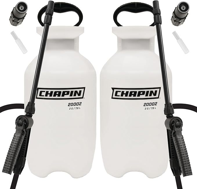 Chapin 20024 Pump Sprayer, 2‑Gallon, Lawn & Garden, Translucent Poly Tank, Funnel‑Top, SureSpray Anti‑Clog Filter, Adjustable Cone Nozzle & 34" Hose for Fertilizer, Weed & Pest Application, Pack of 2
