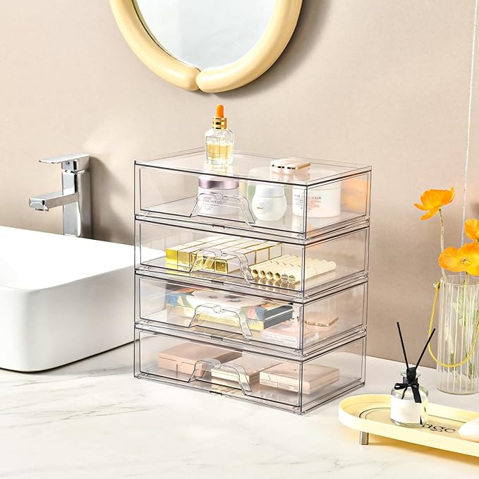 3 Pack Stackable Makeup Organizer, 12.1''L Acrylic Bathroom Organizer and Storage Undersink Drawer, Cosmetics and Beauty Supplies,Clear Plastic Storage Bins for Vanity,Pantry,Desk,Cabinet,Kitchen