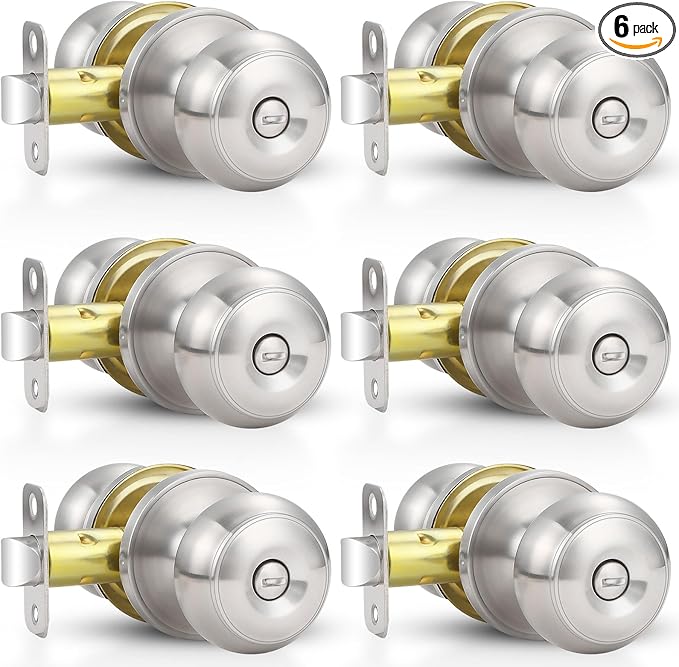 Estmoon 6 Pack Brushed Nickel Door Knobs, Privacy Door Lock Silver Keyless Door Handle with Lock for Bathroom Bedroom, Keyless Door Hardware