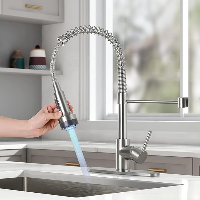 DJS Kitchen Faucets with Pull Down Sprayer Brushed Nickel LED Light Single Handle 1 or 3 Holes Spring Kitchen Sink Faucet with Deck Plate for Farmhouse RV Vessel Basin