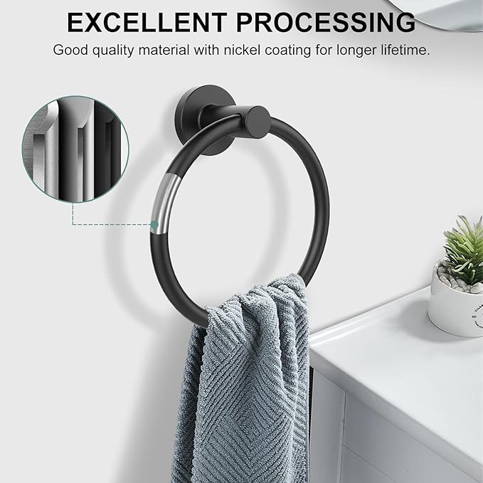 SetSail Towel Holder for Bathroom Wall Matte Black Towel Ring Stainless Steel Hand Towel Holder 4 Packs Towel Hanger for Bath, Kitchen