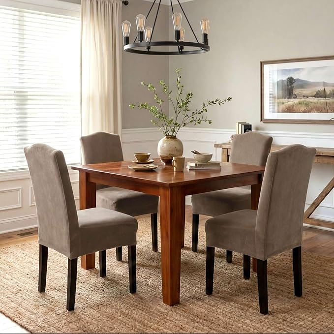 H.VERSAILTEX Dining Chair Covers Stretch for Dining Room Set of 4 Parson Chair Slipcovers Protectors, Soft Thick Solid Velvet Fabric Washable, Taupe
