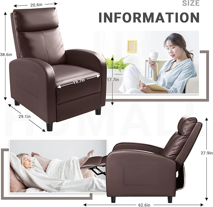 Homall Recliner Chair, Recliner Sofa for Adults, Recliners Home Theater Seating with Lumbar Support, Reclining Sofa Chair for Living Room (Leather, Brown)