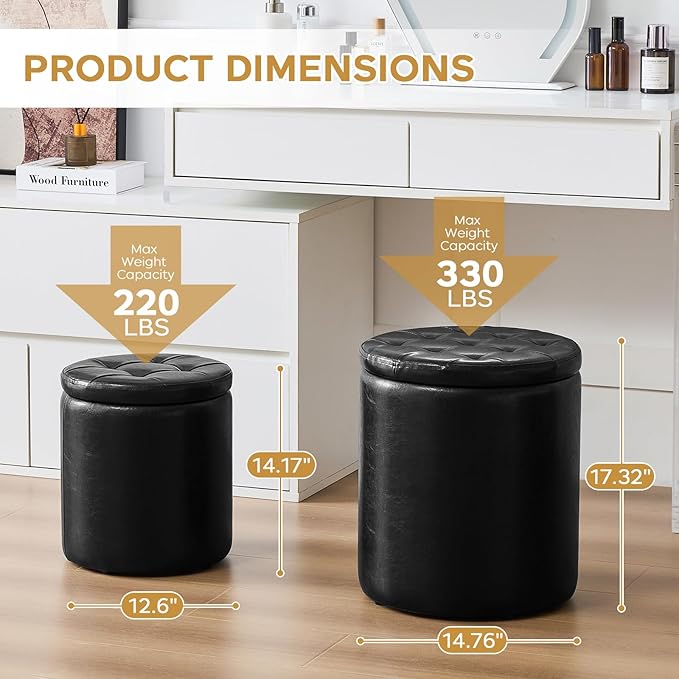 Round Ottoman with Storage Set of 2, 12.6" W x 14.17" H & 14.76" W x 17.32" H Faux Leather Storage Ottoman for Living Room Bedroom, Small Coffee Table Padded Ottoman, Black