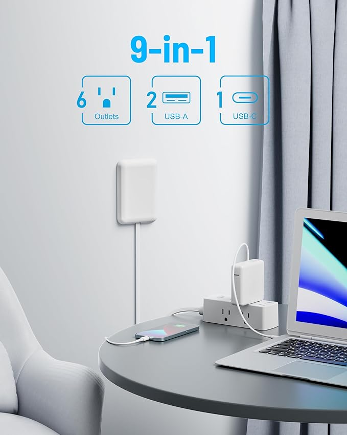 Flat Extension Cord with Outlet Cover, Olcorife Flat Plug Power Strip with 6 Outlets and 3 USB Ports, 2000 Joules Surge Protector, 10 FT Cord Hidden Outlet Extender for Tight Spaces