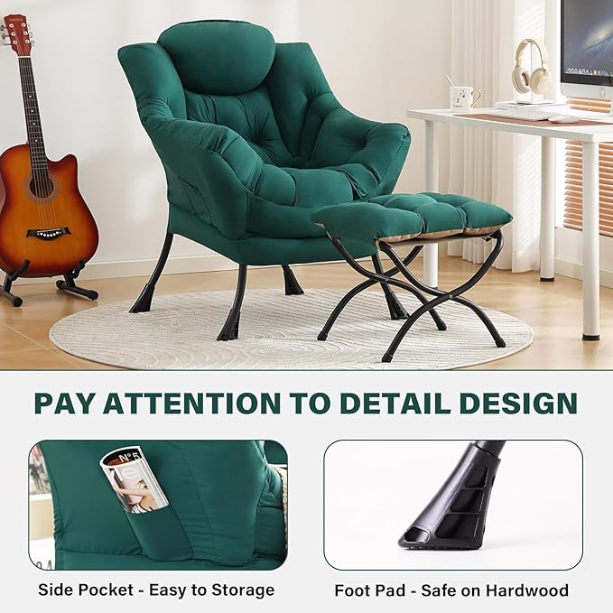 Tiita Lazy Chair with Ottoman, Green Modern Large Accent Chair, Comfy Leisure Sofa Armchair with Ottoman, Reading Chair with Footrest for Bedroom, Living Room, Dorm Rooms, Green