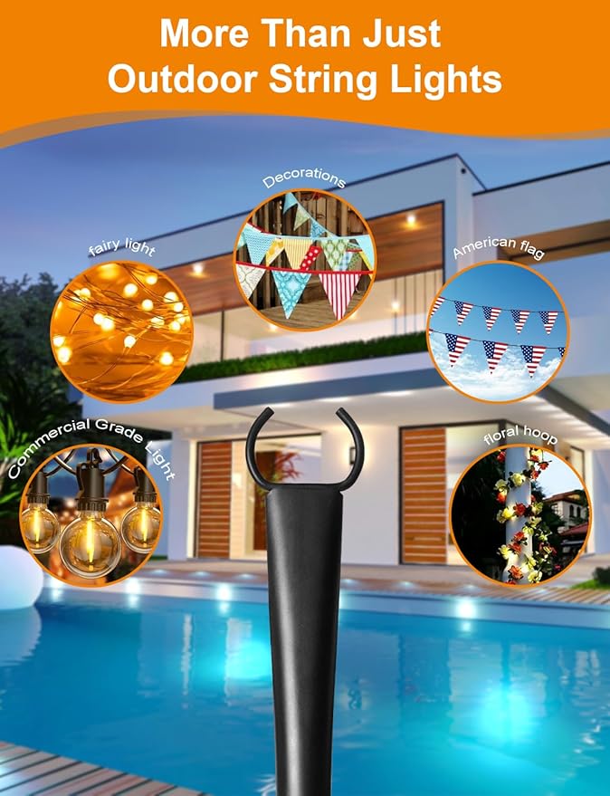 2 Pack String Light Poles for Outside, Thickened Metal Lights Hanger Pole Outdoor with Fork, Lighting Hanging Post Accessories for Patio Decor Garden Backyard Yard Front Porch Outside Decorations