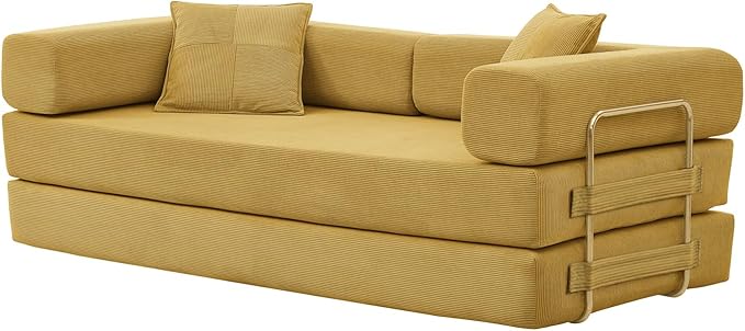 4-in-1 Folding Convertible Sofa Bed, 78 Inch Boneless Couch with Fixed-Shape Frame, Corduroy Loveseat Sleeper with Pull Out Bed, Floor Sofa Modular Futon Couch for Living Room Bedroom Lounge (Yellow)