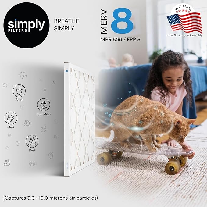 Simply 20x25x4 Air Filter, MERV 8, 6 Pack, Furnace Air Filter for HVAC (Actual Size:19.5"x24.5"x3.63") DUST, Pet, & Allergy Control