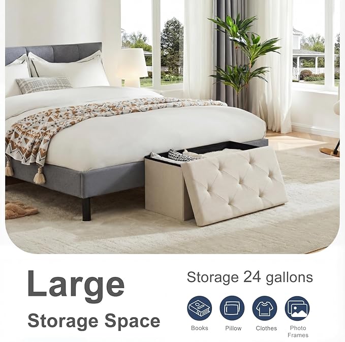 DUMOS 30in Foldable Storage Ottoman Bench, Foot Rest Stool Load 350Lbs,Storage Chest with Padded Seat, End of Bed Bedroom Bench for Living Room,Bedroom, Beige