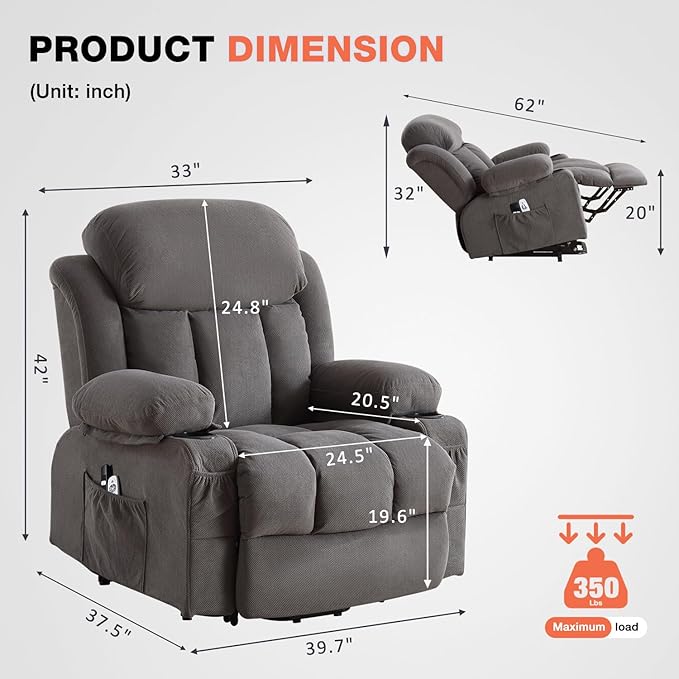 Power Lift Recliner Chair for Elderly with Vibration Massage and Lumbar Heating, Electric Lift Recliner Single Sofa with Side Pocket, Two Cup Holders and USB Charge Port for Living Room