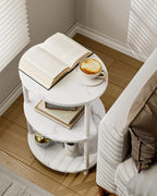 Small Round Side Table - 3-Tier Oval Accent Table for Small Spaces, Rustic Wood and Metal Couch End Table, Nightstand for Bedroom or End Table Living Room, Set of 2, Marble White