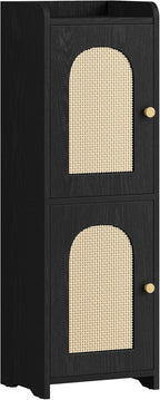 Bathroom Storage Cabinet, Small Corner Floor Cabinet with 2 Doors and Adjustable Shelf, Narrow Toilet Paper Cabinets, Bathroom Organizer for Small Spaces, 7.9" D x 9.8" W x 29.5" Rattan Black