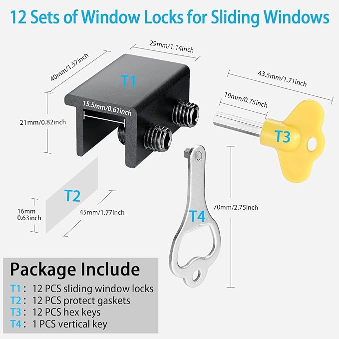 ZRFCXE Window Locks,12 Pack Sliding Window Locks with Key for Vertical & Horizontal Sliding Windows Doors,Easv to Install,Adjustable Security Window Lock for Patio Bedroom Home and Office (Black)