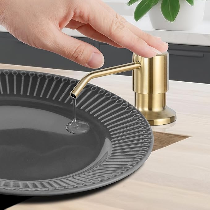 DJS Kitchen Faucets with Soap Dispenser - Dual Mode Setting Single Handle 1 or 3 Holes Commercial Black Kitchen Sink Faucet with Deck Plate for Farmhouse RV Vessel Basin (Brush Gold)