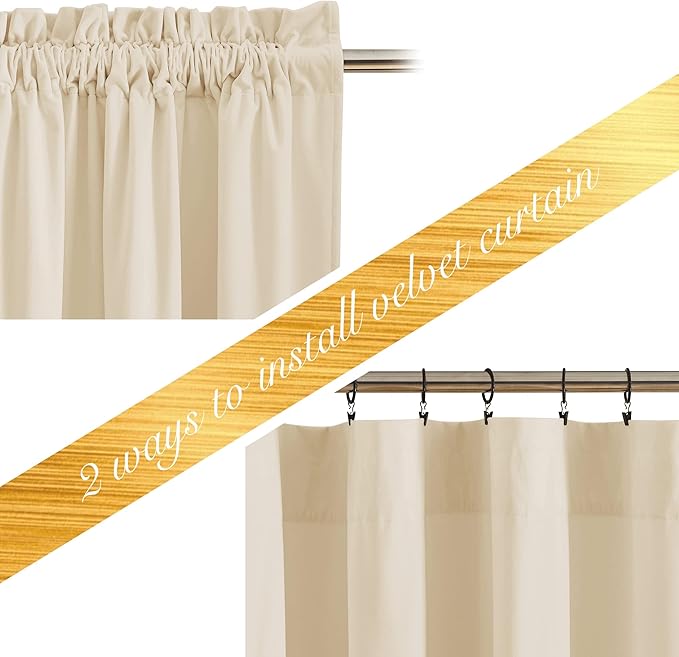 NICETOWN Beige Velvet Curtains 72 inches 2 Panels Set, Thermal Insulated Heavy Matt Rod Pocket Room Darkening Drapes, Privacy Protect Panels for Living Room