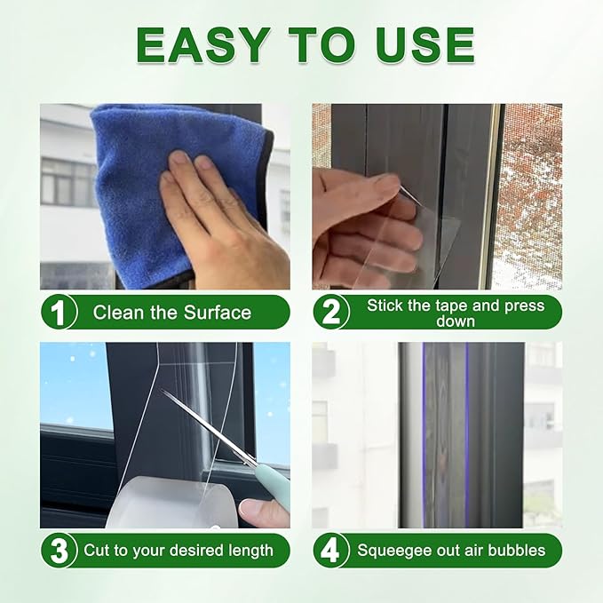 Transparent Window Weather Sealing Tape 2 Inch x 33 FT Weather Stripping Residue-Free Clear Window Insulation Tape for Doors Windows and Shower Glass Gaps