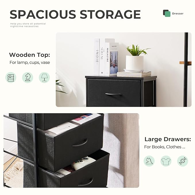 Dresser for Bedroom with 4 Drawers, Anti-Tip Tall Fabric Chests Storage Organizer Tower Furniture with Wooden Top Metal Frame for Clothes, Closet, Living Room, Hallway, Entryway
