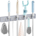 Gray Mop Broom Holder Wall Mount with 4 Slots & 4 Hooks - Wood Broom Mop Hanger for Pantry Closet Laundry Room Organization - Heavy Duty Garden Tool Organizer