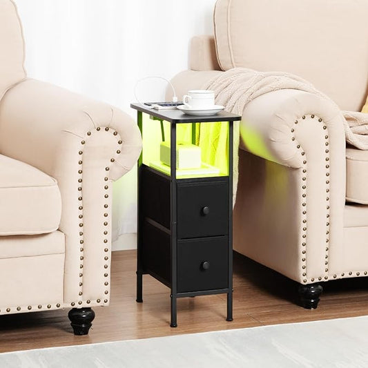 Narrow Nightstand with Charging Station, End Tables Living Room Set of 2, Skinny Side Table with Fabric Drawers, Small Sofa Table with LED Light for Bedroom, Black, HETNDP02LBK