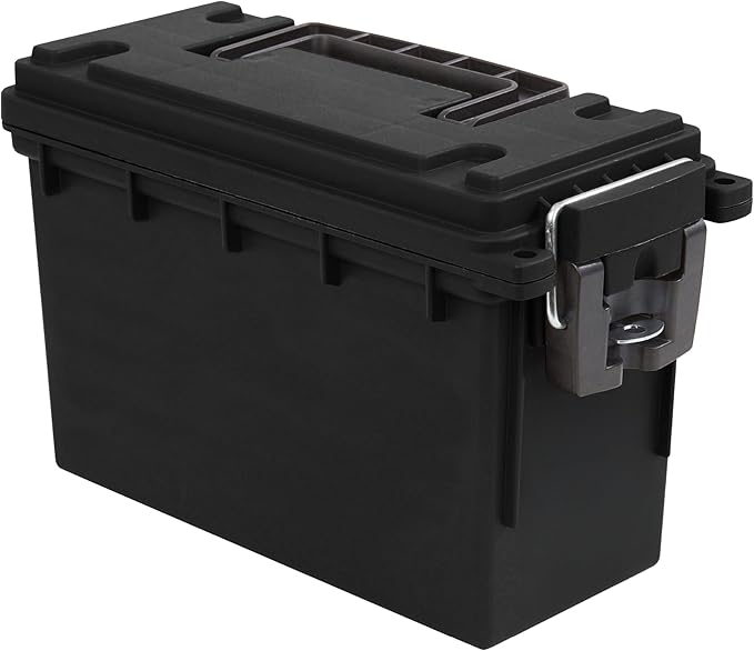 Sheffield 12629 Ammo Storage Box, Stackable .30 Cal Field Boxes, Water and Dust Resistant, Lockable Storage Box with Handle, Secures Hunting Gear, Supplies, and Bullets, Made in USA, Black, 1-Pack