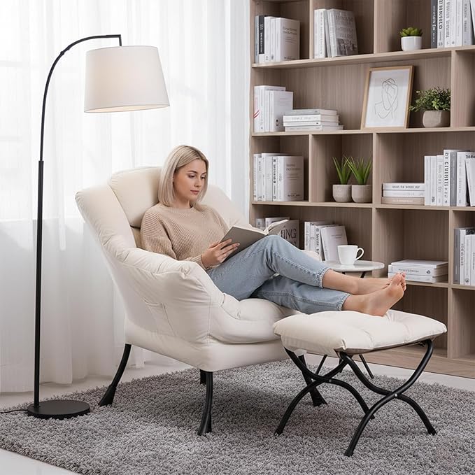 Welnow Lazy Chair with Ottoman, Modern Accent Chair with Armrests and a Side Pocket, Leisure Sofa Armchair, Reading Armchair with Footrest for Small Space, Beige