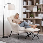 Welnow Lazy Chair with Ottoman, Modern Accent Chair with Armrests and a Side Pocket, Leisure Sofa Armchair, Reading Armchair with Footrest for Small Space, Beige