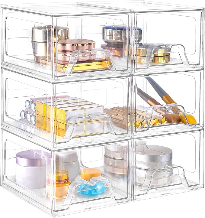 6 Pack Stackable Makeup Organizer, 4.4'' Tall Acrylic Bathroom Makeup Organizer and Storage Drawer with Pull-out Handle, Clear Plastic Storage Bins for Vanity,Pantry,Desk,Undersink,Kitchen