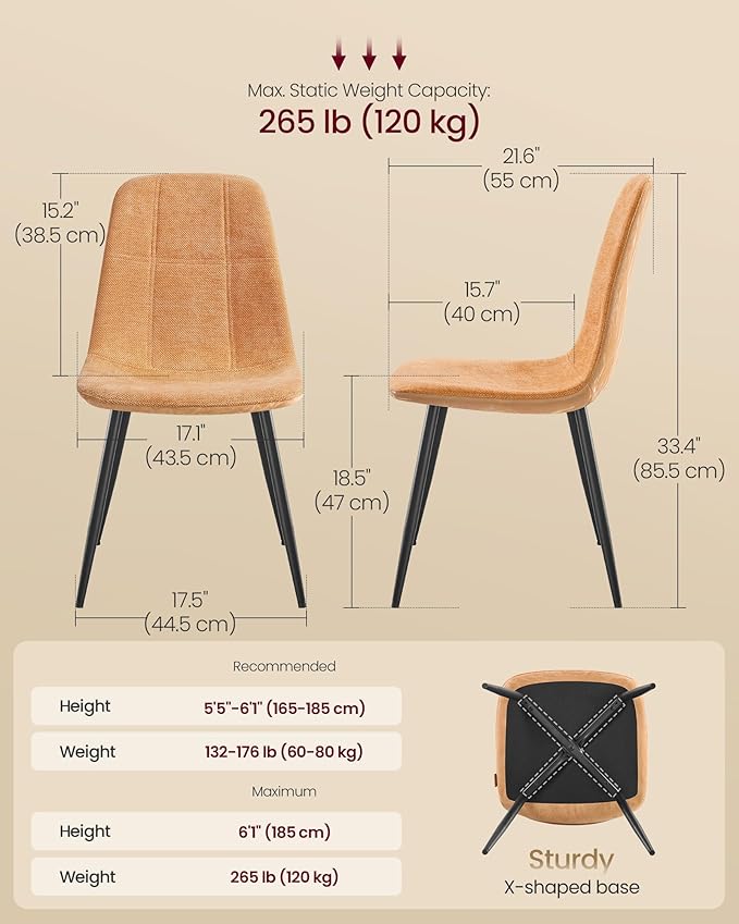 VASAGLE Set of 4 Dining Chairs, Dining Room Kitchen Chairs, Metal Frame, Adjustable Feet, Easy to Clean, Chenille Fabric, Glacier-Textured Synthetic Leather, Caramel Brown UKDC187K01-2J