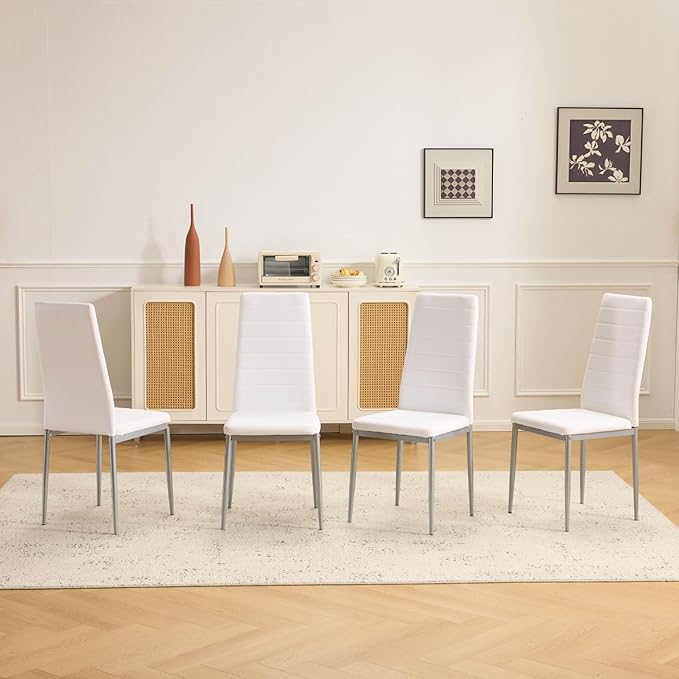 Karl home White Dining Chair Set of 4, Leather Dining Chairs with Curved Back & Foot Cap Protection for Dining Kitchen Living Room, 300lbs Capacity