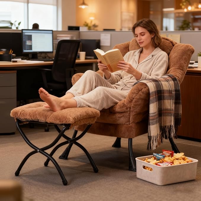 Welnow Lazy Chair with Ottoman, Modern Accent Chair with Armrests and a Side Pocket, Leisure Sofa Armchair, Reading Armchair with Footrest for Small Space, Plush Brown