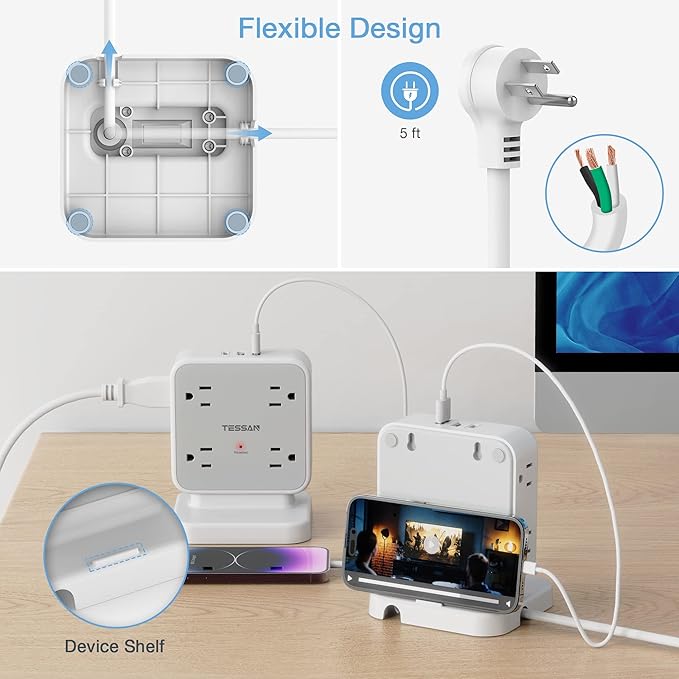 TESSAN Surge Protector Power Strip, 5 Ft Flat Plug Extension Cord with 3 USB (1 USB C) 8 Outlets, 1250W, 900J Protection, 3 Sided Outlet Extender with Base for Office, Dorm Room, Grey