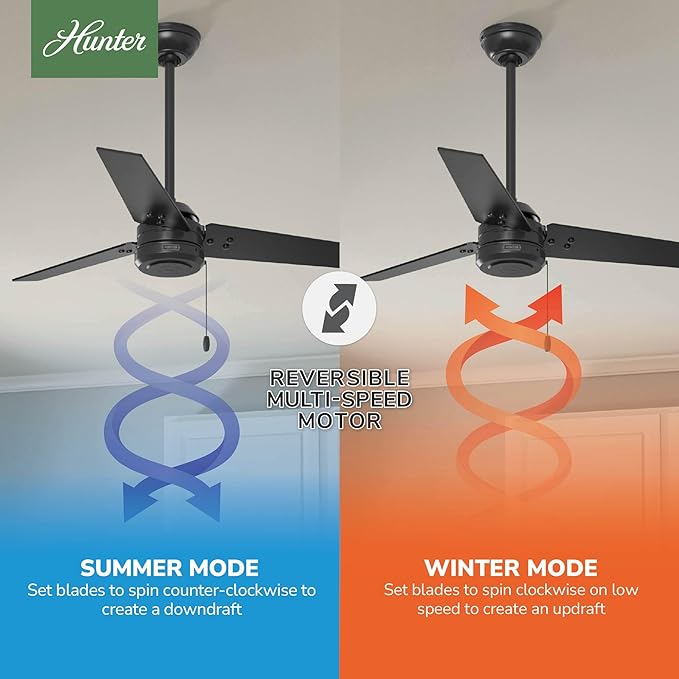Hunter 44 inch Outdoor or Indoor Ceiling Fan No Light - Black Ceiling Fan without Light, For Patio, Porch, Garage, or Living Room, Standard Mount, 3 Blades, Pull Chain - Cassius 50260, Matte Black