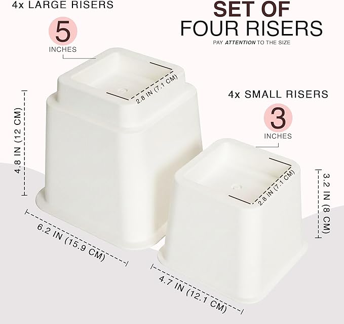 Utopia Bedding Bed Riser, 3 & 5 Inches Adjustable Furniture Risers for 8 Inch Combined Furniture Lift, Under Bed Storage & Dorm Room Essential, Supports Up to 1,300 lbs (4 Set, White)