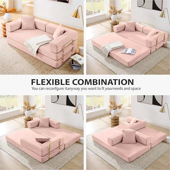 4-in-1 Folding Convertible Sofa Bed, 78 Inch Boneless Couch with Fixed-Shape Frame, Corduroy Loveseat Sleeper with Pull Out Bed, Floor Sofa Modular Futon Couch for Living Room Bedroom Lounge (Pink)