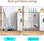 Turquoise Mop Broom Holder Wall Mount with 4 Slots & 4 Hooks - Wood Broom Mop Hanger for Pantry Closet Laundry Room Organization - for Teal Kitchen Decor and Accessories
