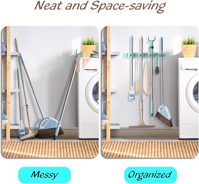Turquoise Mop Broom Holder Wall Mount with 4 Slots & 4 Hooks - Wood Broom Mop Hanger for Pantry Closet Laundry Room Organization - for Teal Kitchen Decor and Accessories