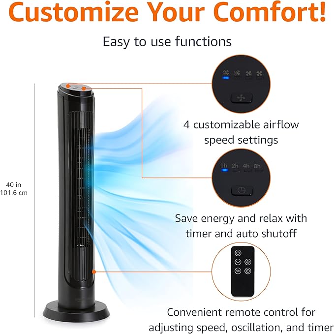 Amazon Basics 40" 70-Degree Oscillating Digital Tower Fan with Powerful Airflow for Bedroom, Living Room, Office, 4 Speeds, 3 Modes, 15-Hour Timer, Remote Control, 50W, Black