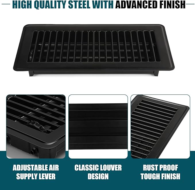 VOISEN Floor Register 4x10, 4 Pack Black Floor Register Vents,Heavy Duty Steel Walkable Floor Vents,Vent Covers for Home Floor