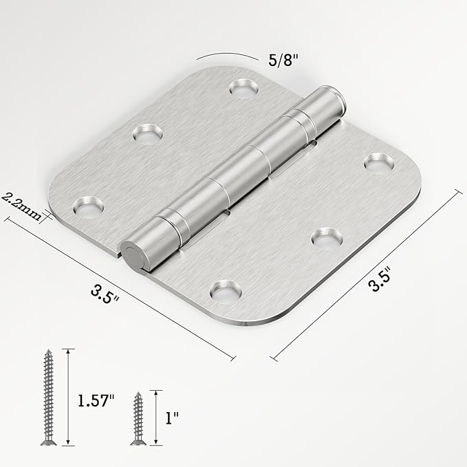 3 Pack Rounded Satin Nickel Door Hinges 3.5 Inch 5/8"Radius No Squeak Ball Bearing Interior 3-1/2"Flat Iron Bifold Residential Standard Bedroom Indoor for Doors 3 ½" Hardware Control House Home Decor