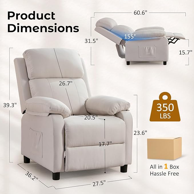 Recliner Chair, Reading Chair for Adults with Side Pockets, Recliners with Padded Deep Seat, Small Recliners for Small Spaces, Linen Fabric Comfy Chair for Bedroom, Living Room, and RV
