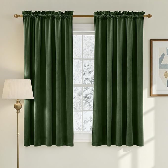 NICETOWN Olive Green 63 inch Long Velvet Curtains for Kitchen, Spring Home Decor Room Darkening Light Blocking Heavy Duty Drapes for Cafe, W52 x L63, 2 Panels