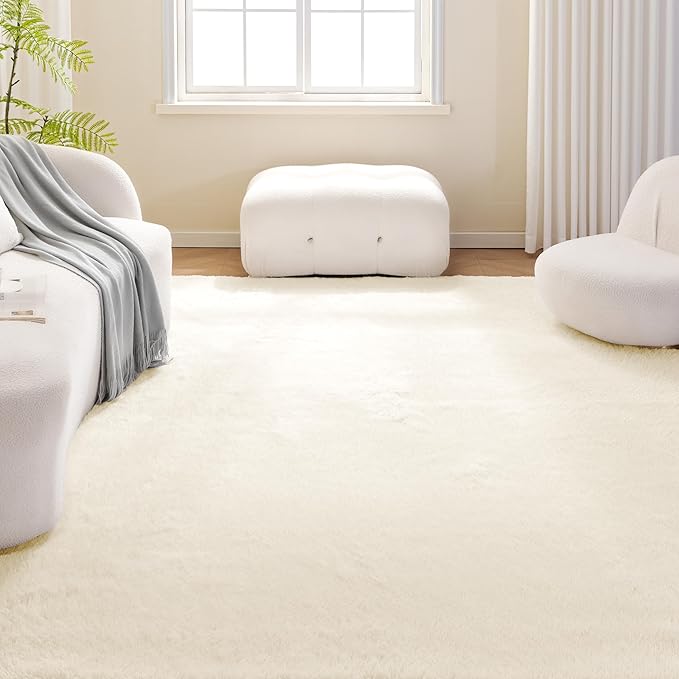 Amazon Basics Fluffy Washable Area Rug, Shaggy Carpet for Living Room, Bedroom, 6' W × 9' L, Beige