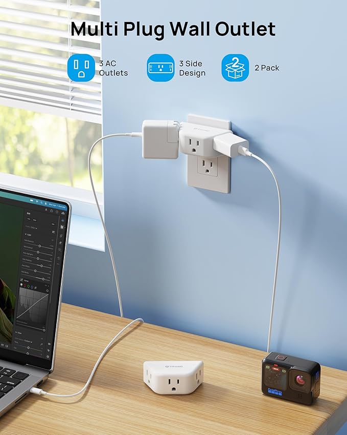 TROND Multi Plug Outlet Extender 2 Pack - Electrical Wall Splitter, 3 Way Angled Wall Outlet Adapter, Cruise Essentials, Small Multiple Plug Expander for Cruise Ship Home Office Dorm Room, White